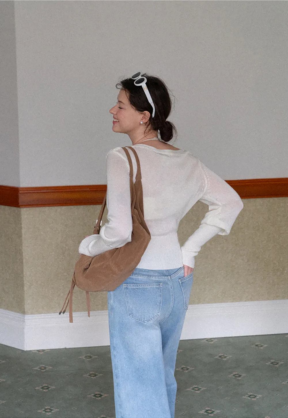 Sheer Mesh Overlay Ribbed Knit Sweater