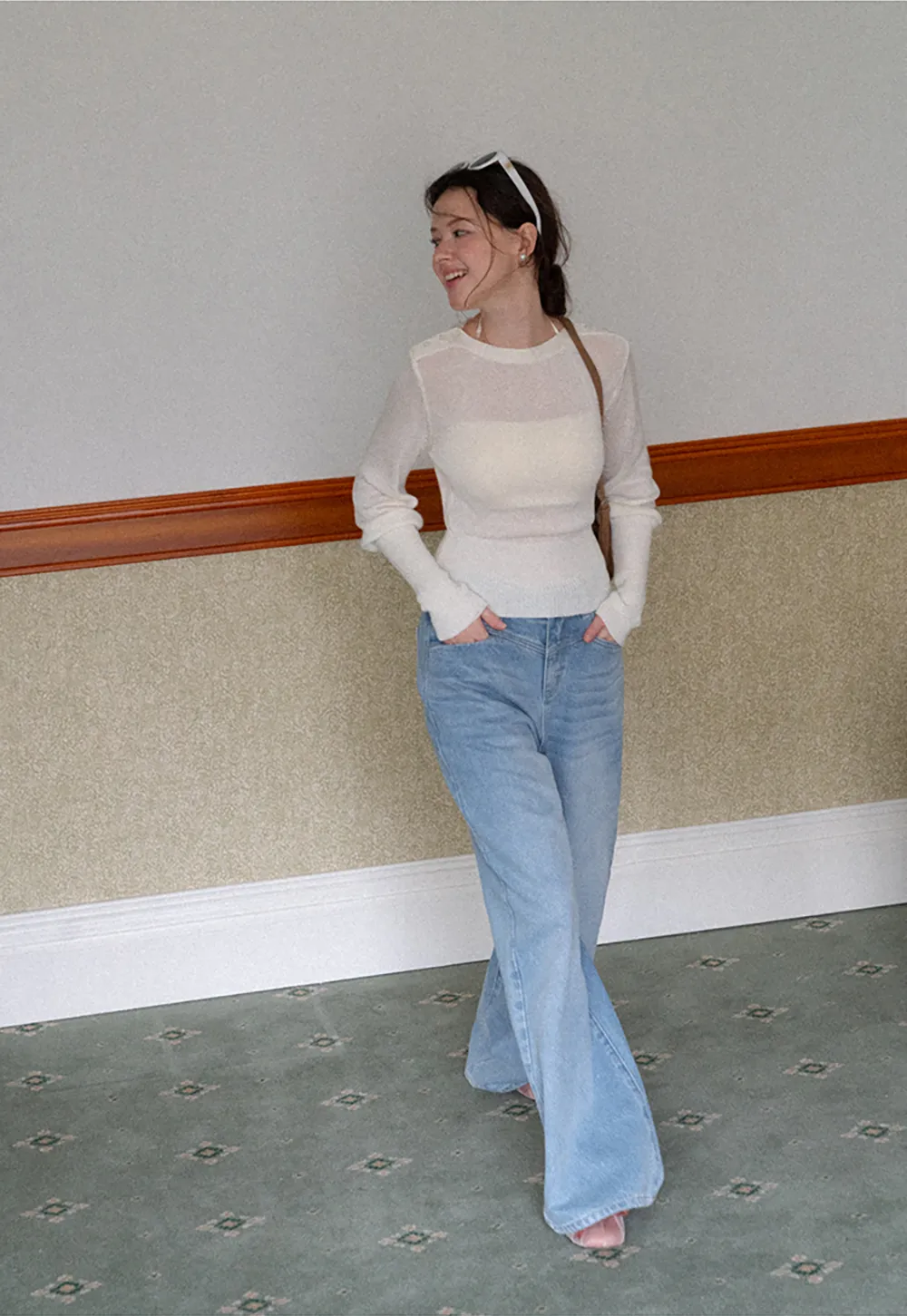 Sheer Mesh Overlay Ribbed Knit Sweater
