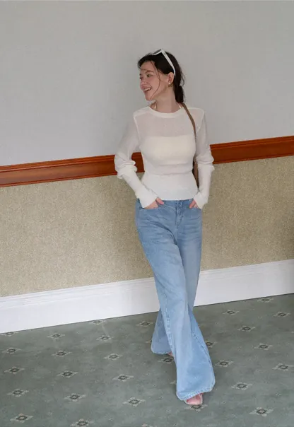 Sheer Mesh Overlay Ribbed Knit Sweater