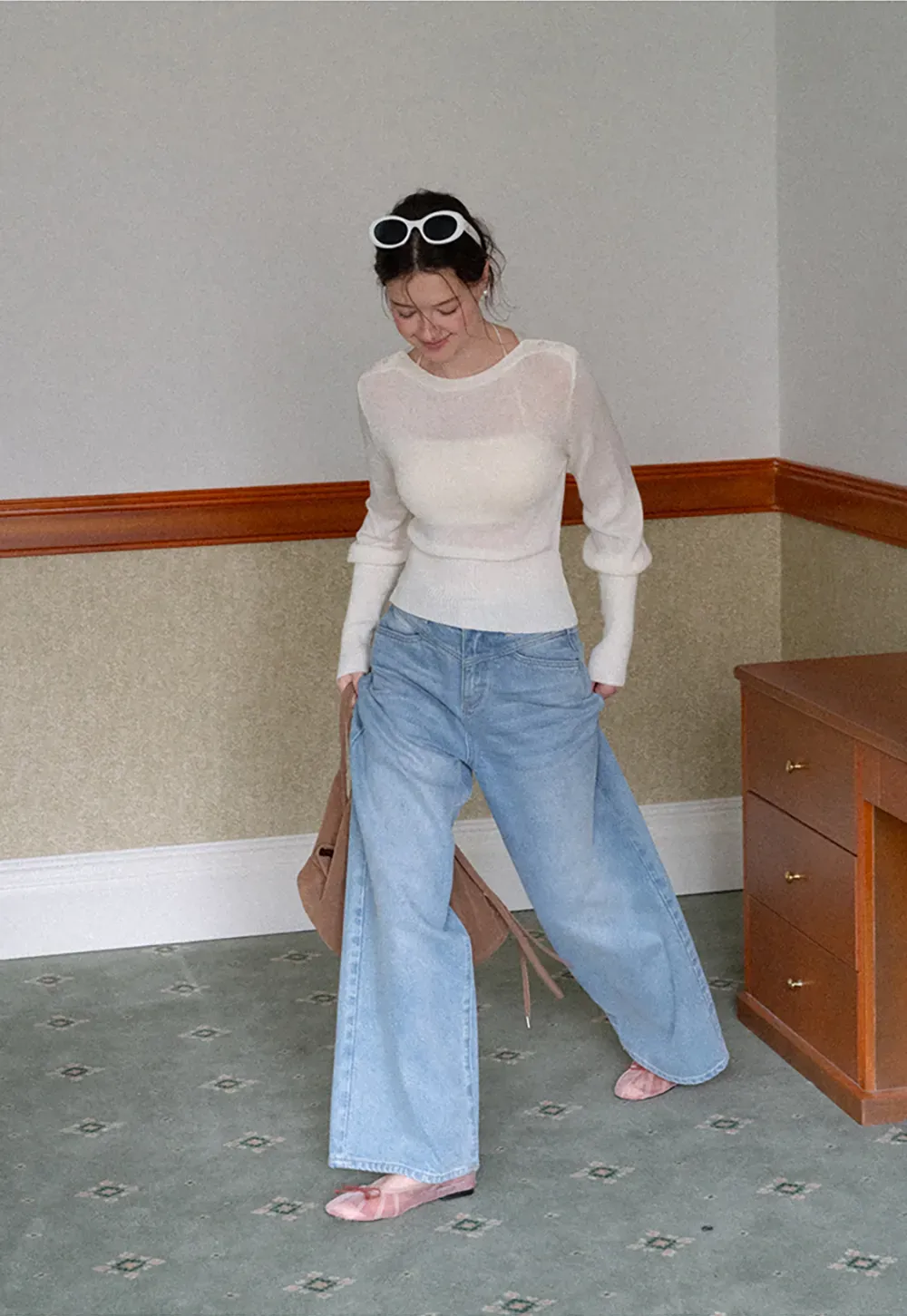 Sheer Mesh Overlay Ribbed Knit Sweater