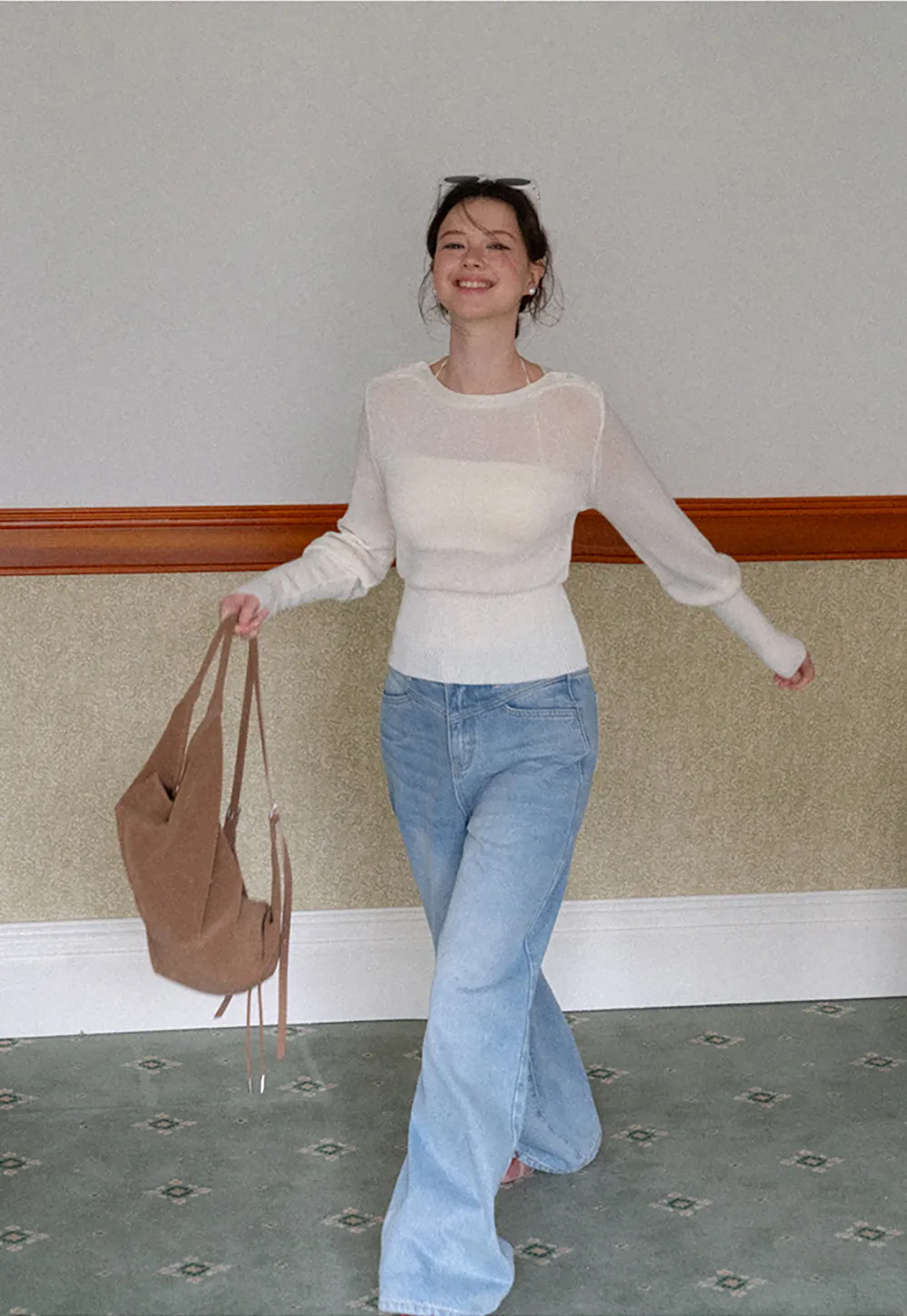 Sheer Mesh Overlay Ribbed Knit Sweater