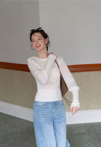 Sheer Mesh Overlay Ribbed Knit Sweater