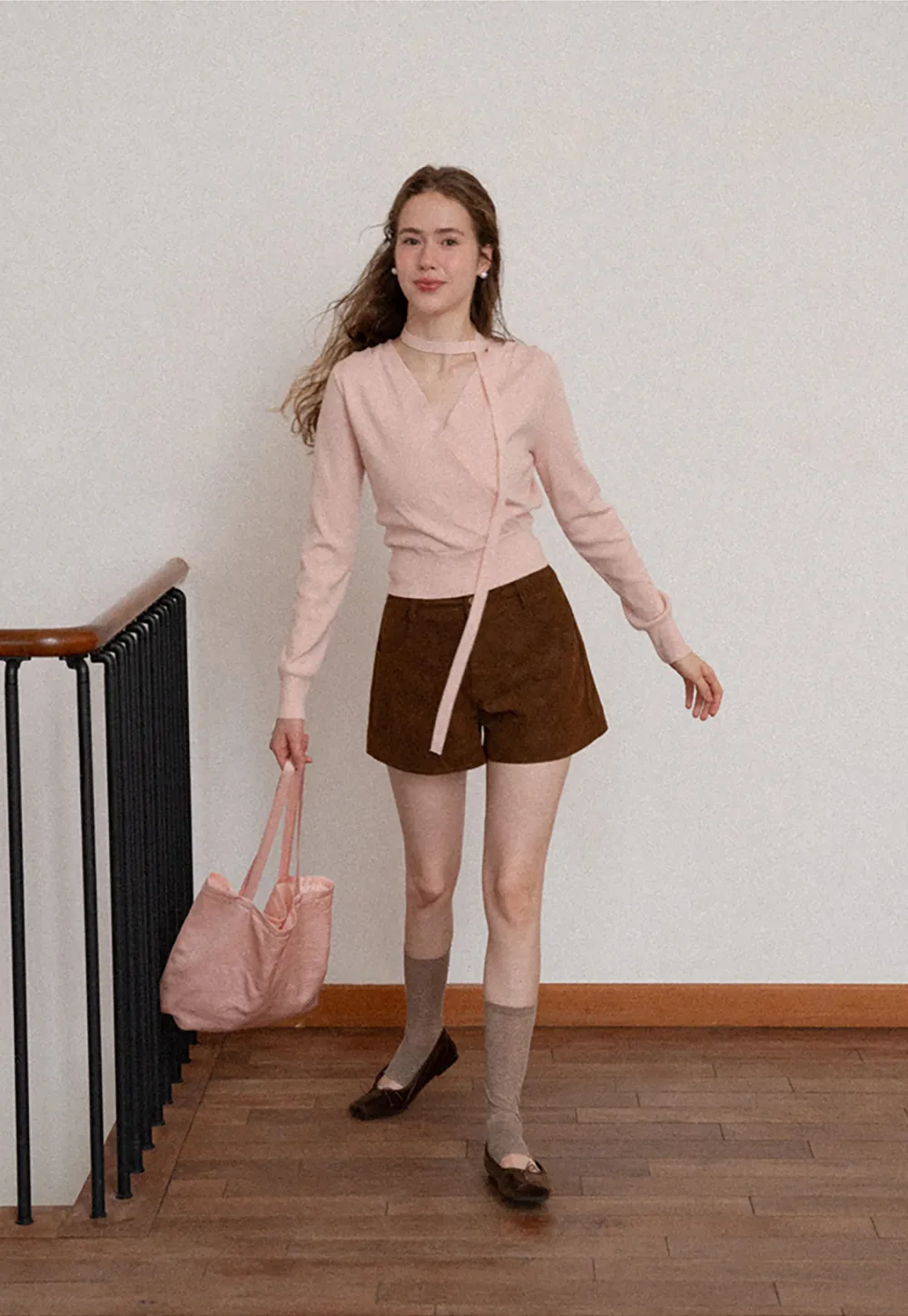 Wrap Front Choker Neck Long Sleeve Knit Sweater