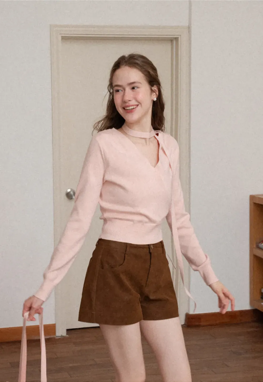 Wrap Front Choker Neck Long Sleeve Knit Sweater