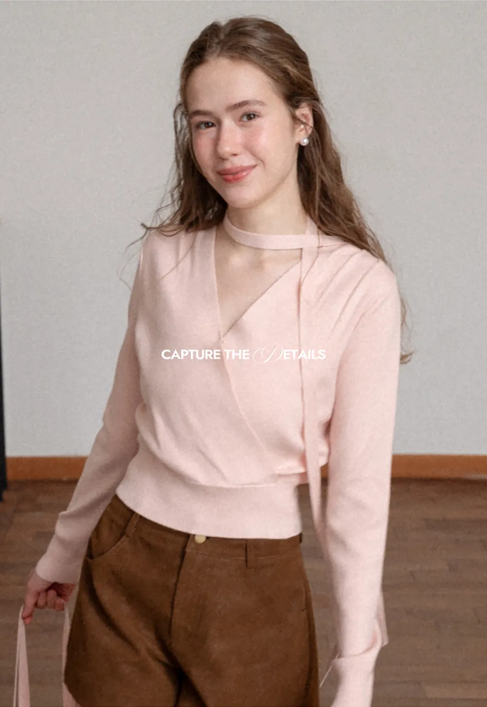 Wrap Front Choker Neck Long Sleeve Knit Sweater