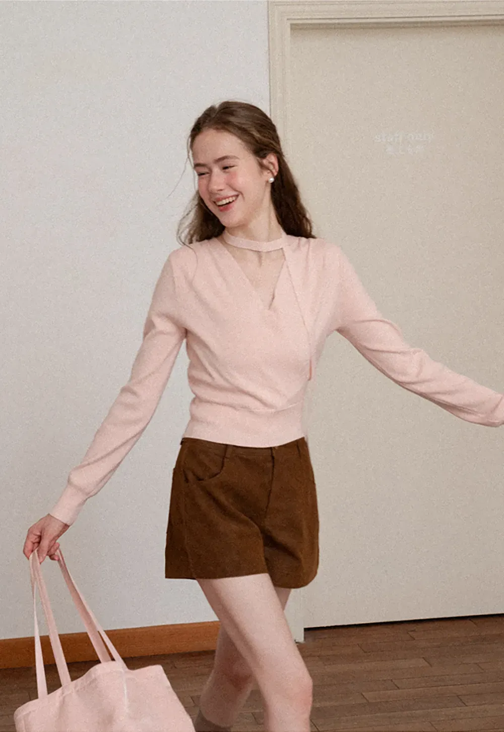 Wrap Front Choker Neck Long Sleeve Knit Sweater