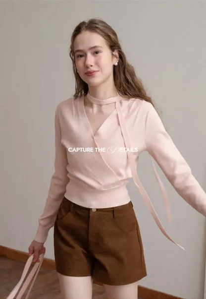 Wrap Front Choker Neck Long Sleeve Knit Sweater