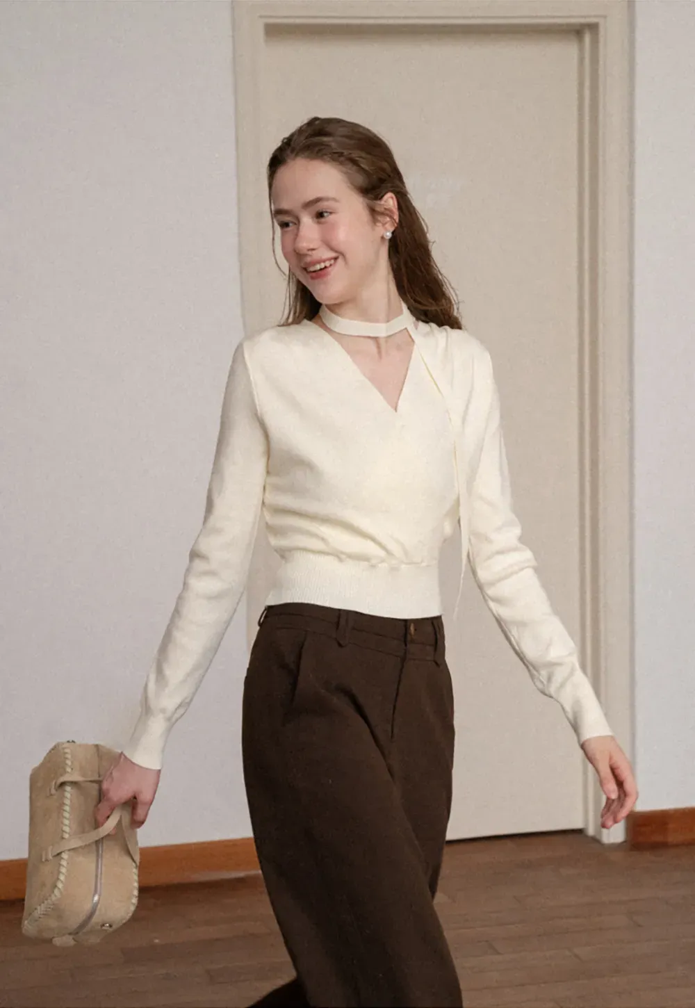 Wrap Front Choker Neck Long Sleeve Knit Sweater