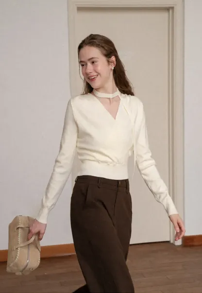 Wrap Front Choker Neck Long Sleeve Knit Sweater