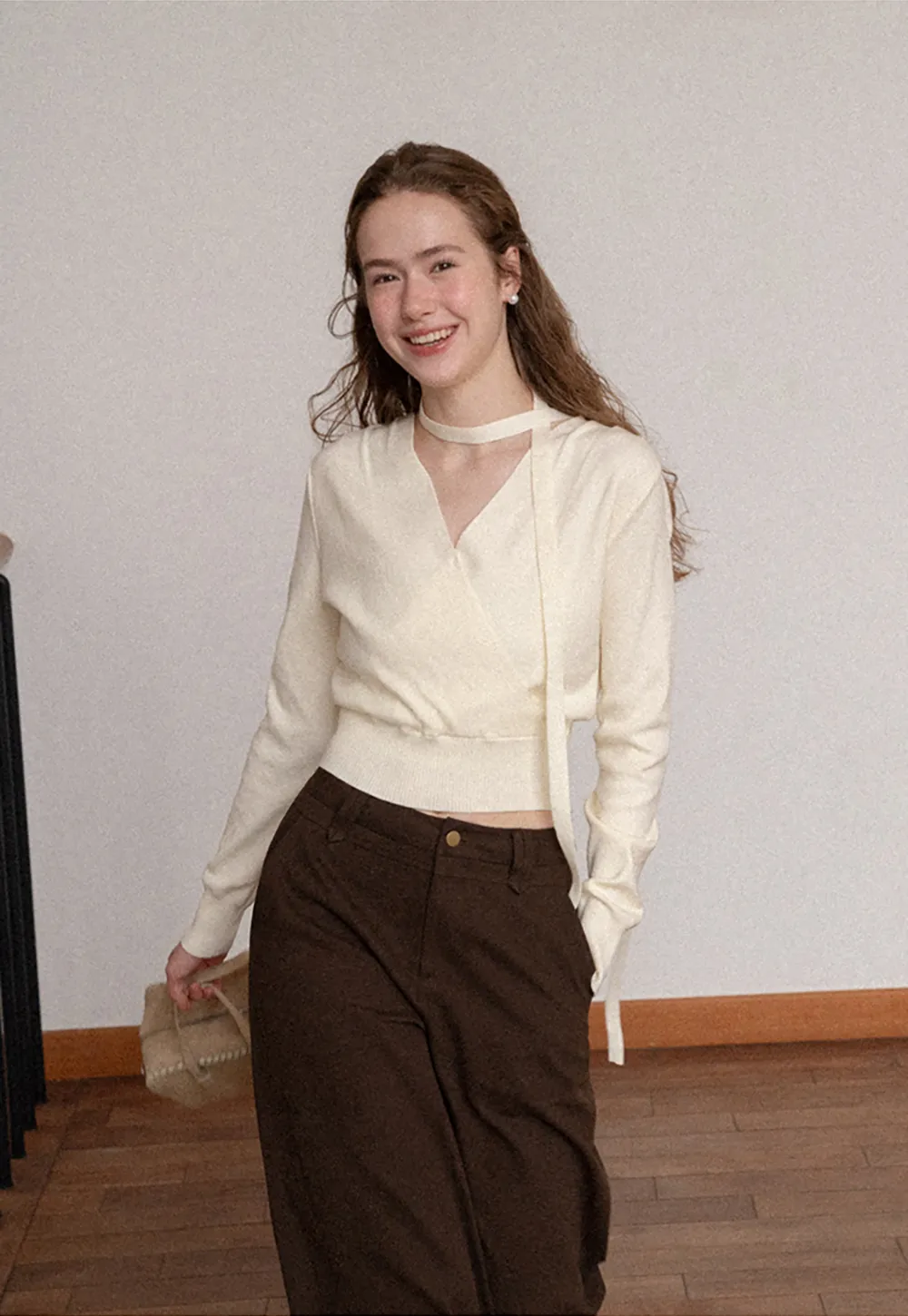 Wrap Front Choker Neck Long Sleeve Knit Sweater