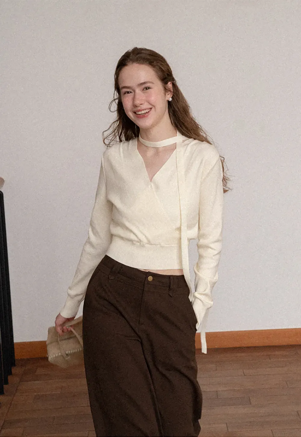 Wrap Front Choker Neck Long Sleeve Knit Sweater