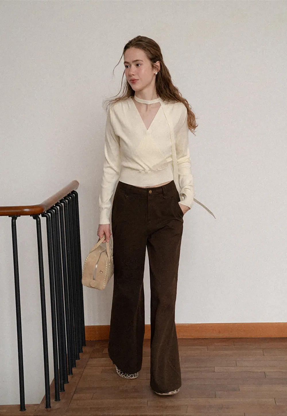 Wrap Front Choker Neck Long Sleeve Knit Sweater