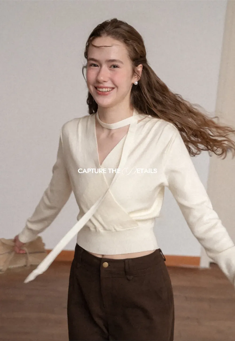 Wrap Front Choker Neck Long Sleeve Knit Sweater