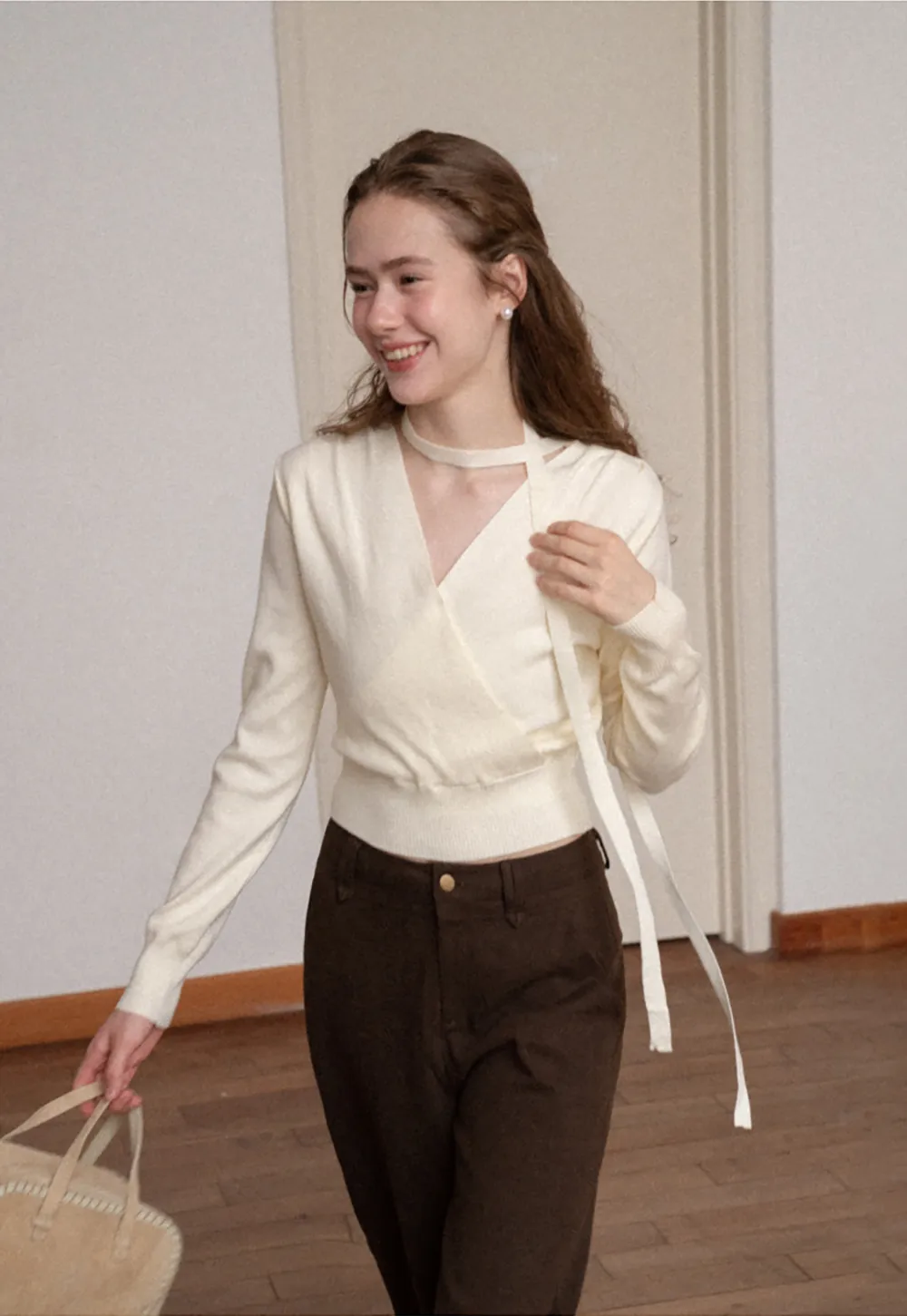 Wrap Front Choker Neck Long Sleeve Knit Sweater
