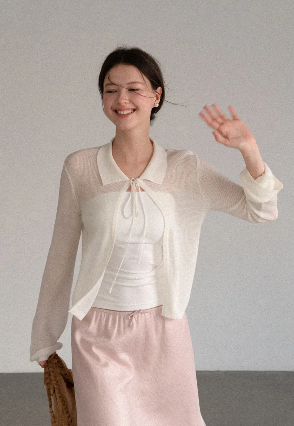 Sheer Knit Cardigan with Collar and Tie Detail