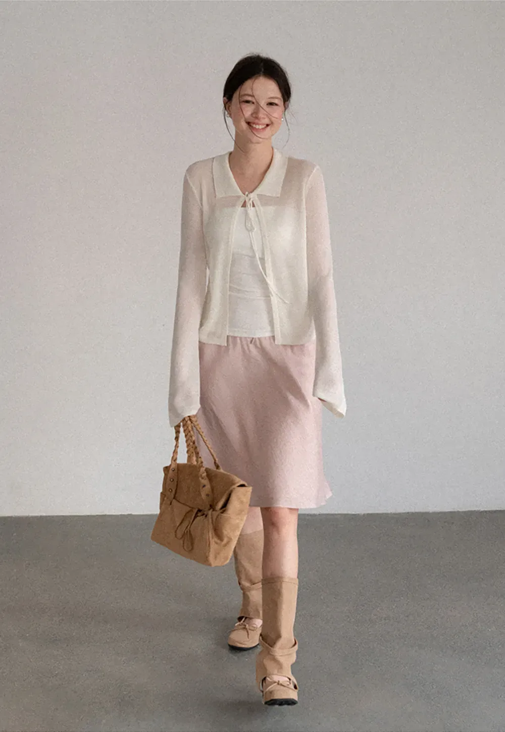 Sheer Knit Cardigan with Collar and Tie Detail