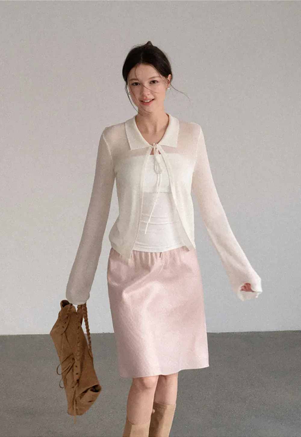 Sheer Knit Cardigan with Collar and Tie Detail