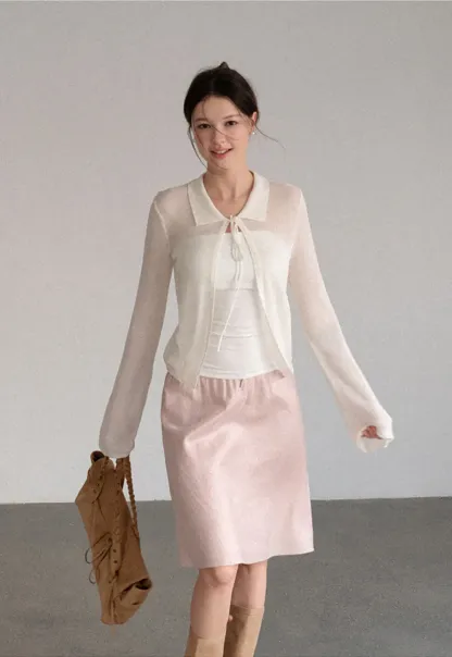 Sheer Knit Cardigan with Collar and Tie Detail