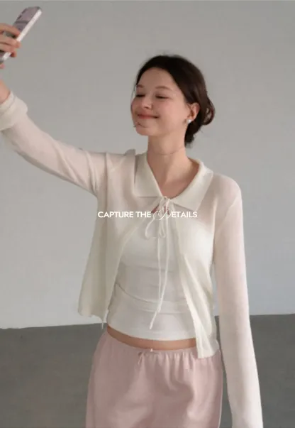 Sheer Knit Cardigan with Collar and Tie Detail