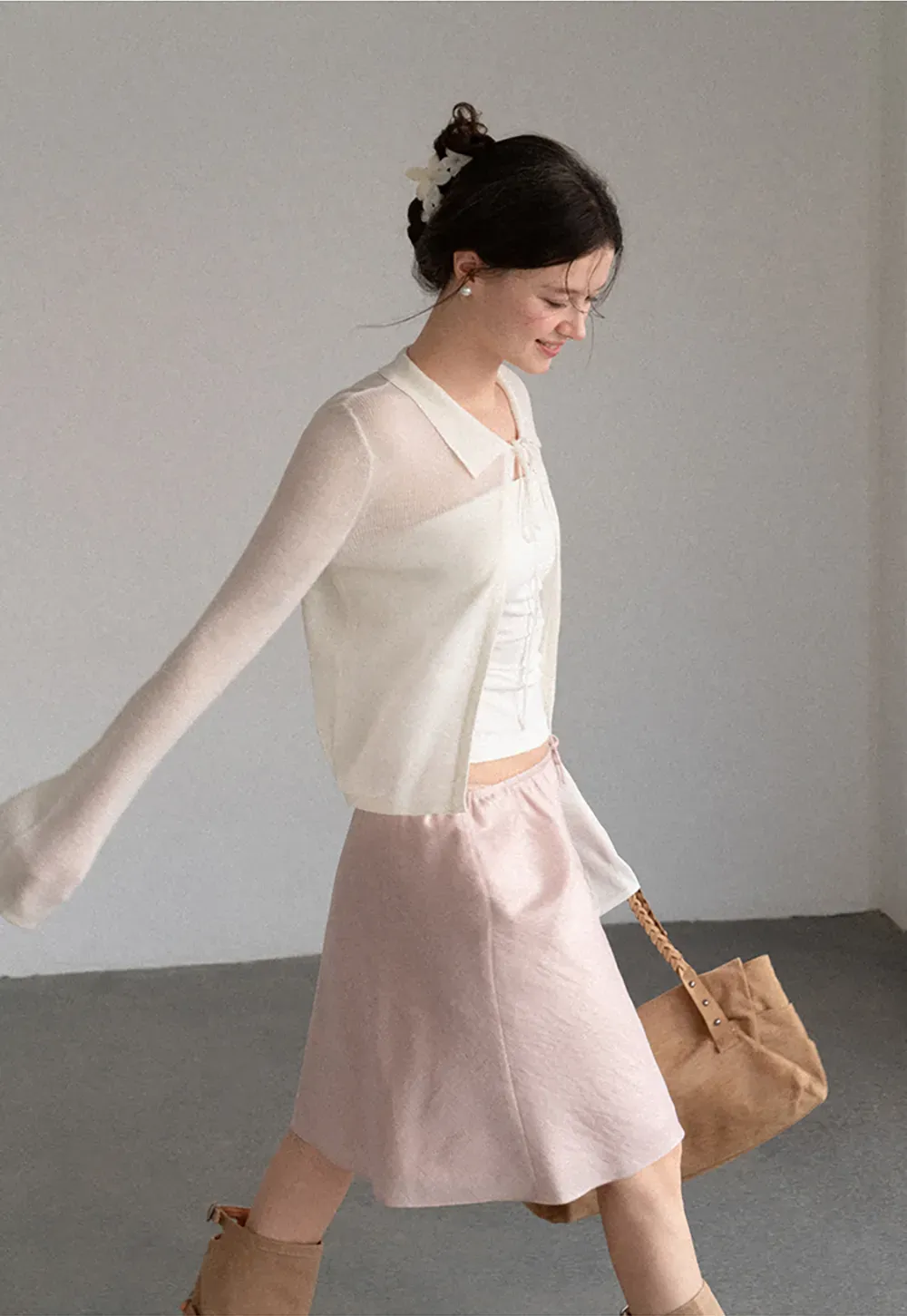 Sheer Knit Cardigan with Collar and Tie Detail