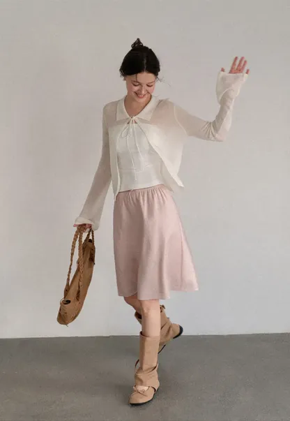 Sheer Knit Cardigan with Collar and Tie Detail