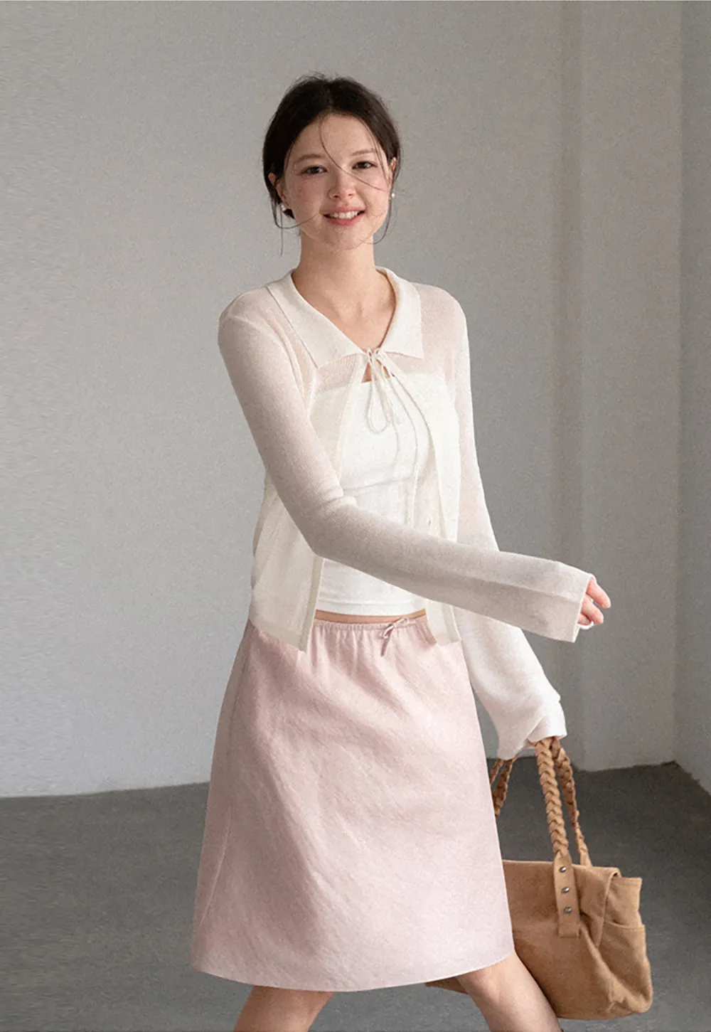 Sheer Knit Cardigan with Collar and Tie Detail