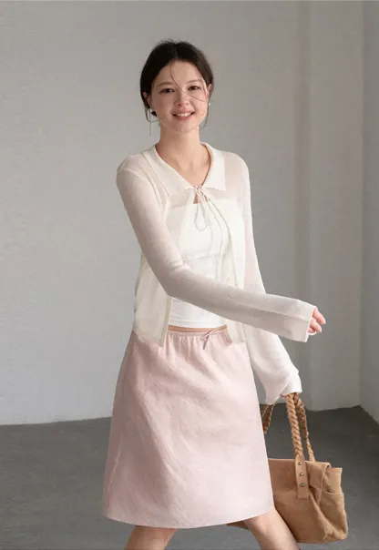 Sheer Knit Cardigan with Collar and Tie Detail