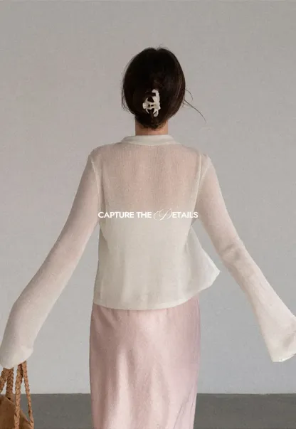 Sheer Knit Cardigan with Collar and Tie Detail