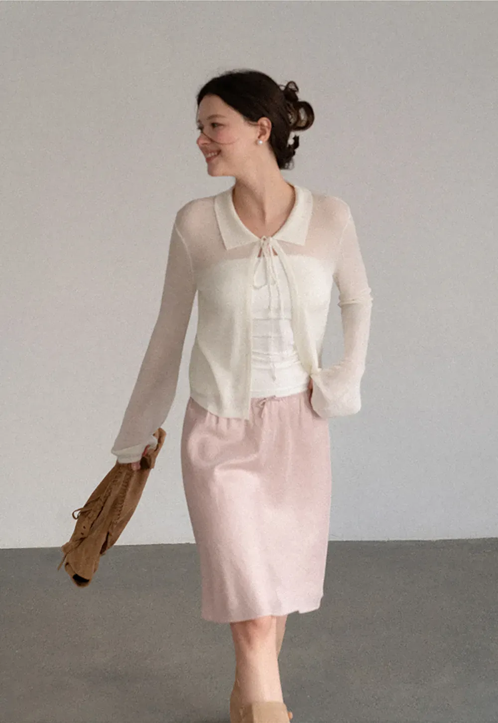 Sheer Knit Cardigan with Collar and Tie Detail