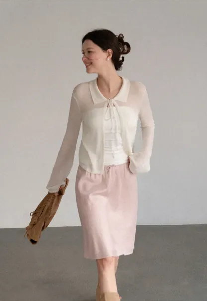 Sheer Knit Cardigan with Collar and Tie Detail