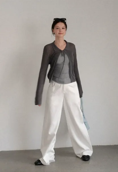 Sheer Knit Cardigan with Collar and Tie Detail