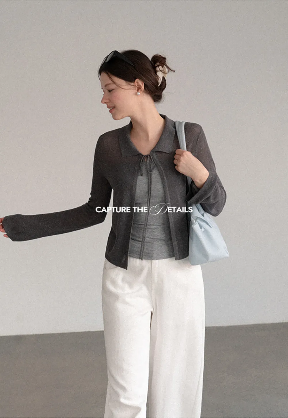 Sheer Knit Cardigan with Collar and Tie Detail