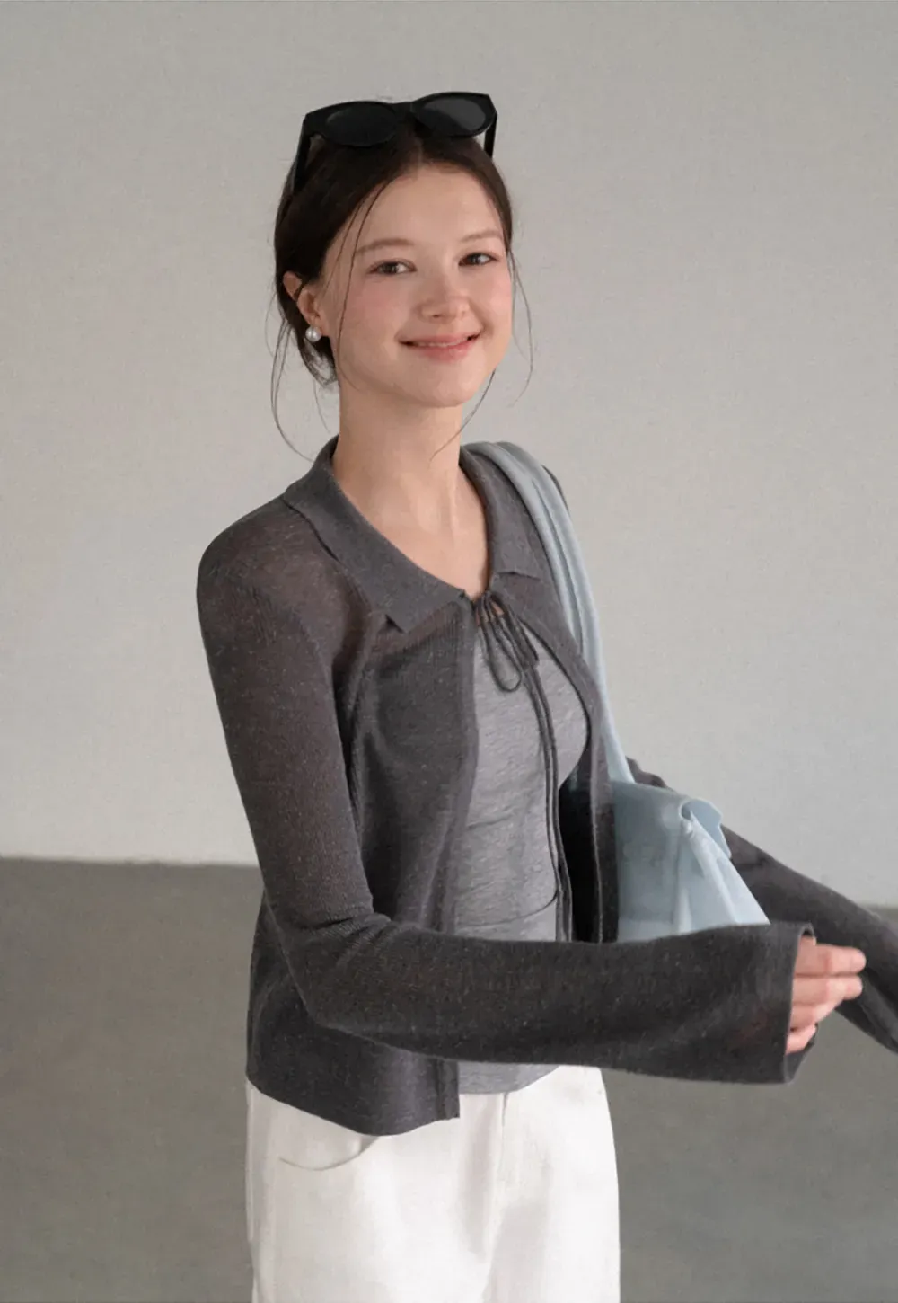 Sheer Knit Cardigan with Collar and Tie Detail