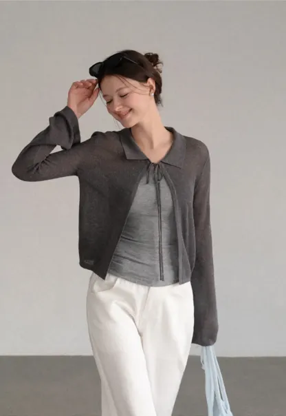 Sheer Knit Cardigan with Collar and Tie Detail