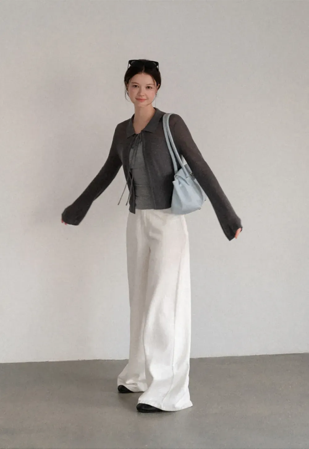 Sheer Knit Cardigan with Collar and Tie Detail