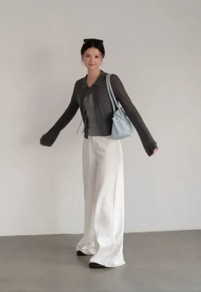 Sheer Knit Cardigan with Collar and Tie Detail