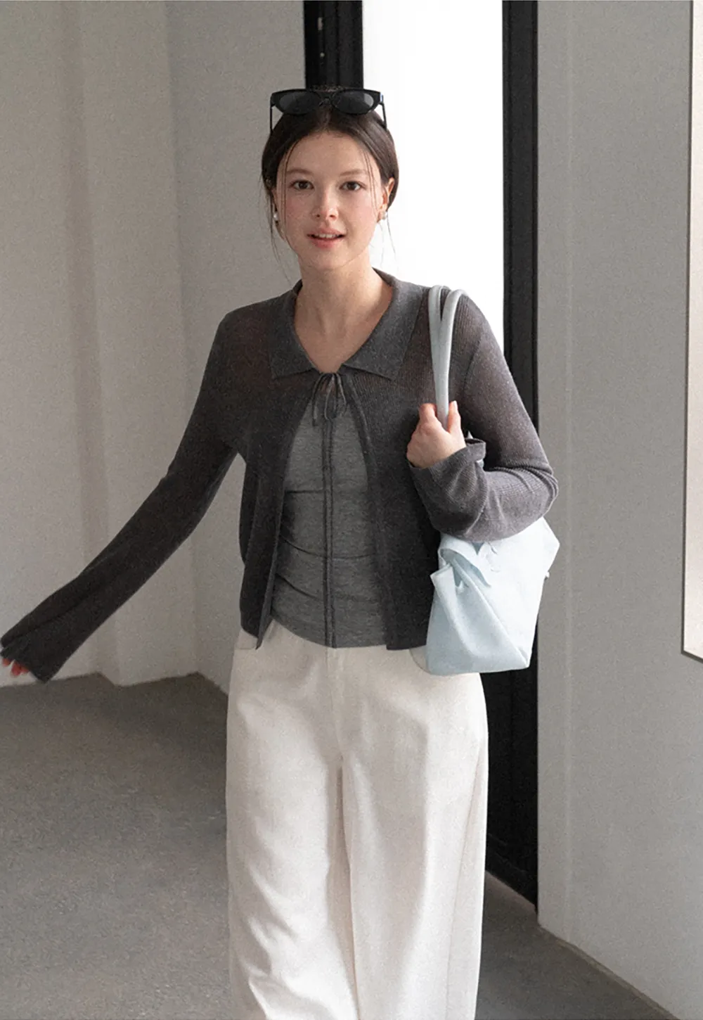 Sheer Knit Cardigan with Collar and Tie Detail