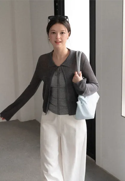 Sheer Knit Cardigan with Collar and Tie Detail