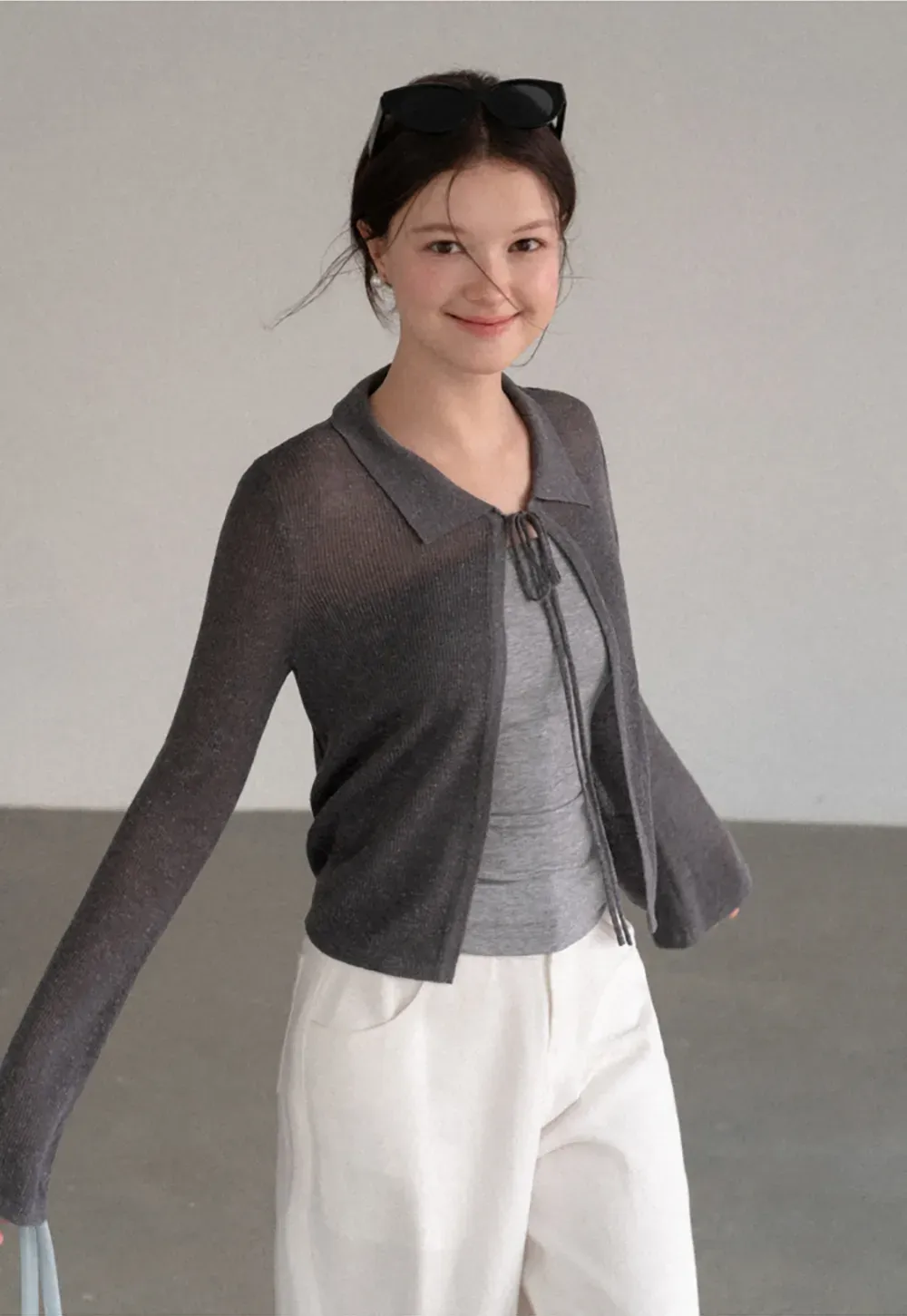 Sheer Knit Cardigan with Collar and Tie Detail
