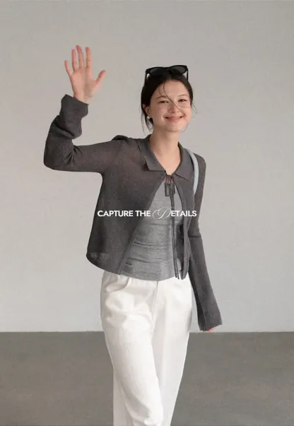 Sheer Knit Cardigan with Collar and Tie Detail