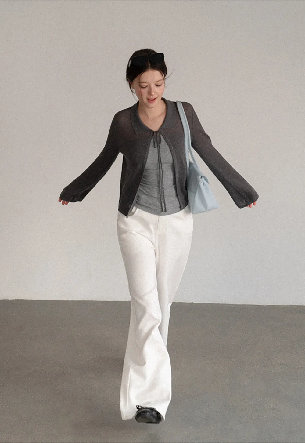 Sheer Knit Cardigan with Collar and Tie Detail