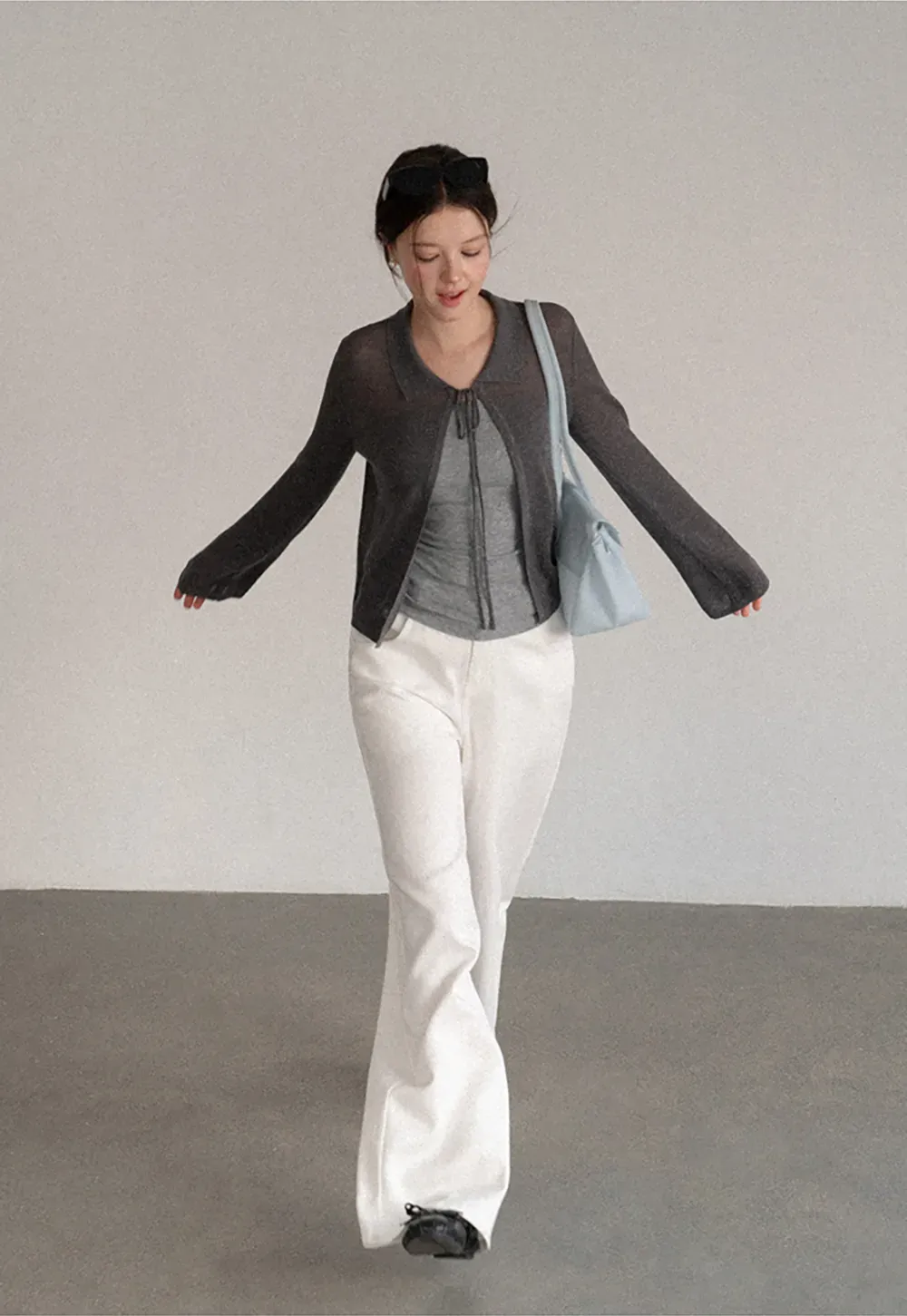 Sheer Knit Cardigan with Collar and Tie Detail