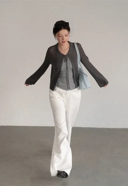 Sheer Knit Cardigan with Collar and Tie Detail