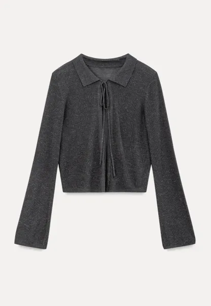 Sheer Knit Cardigan with Collar and Tie Detail