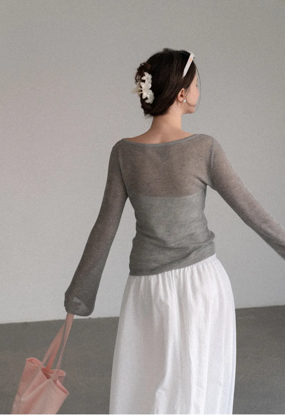 Sheer Ribbed Knit Long Sleeve Sweater