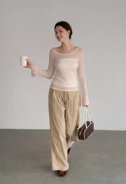 Sheer Ribbed Knit Long Sleeve Sweater
