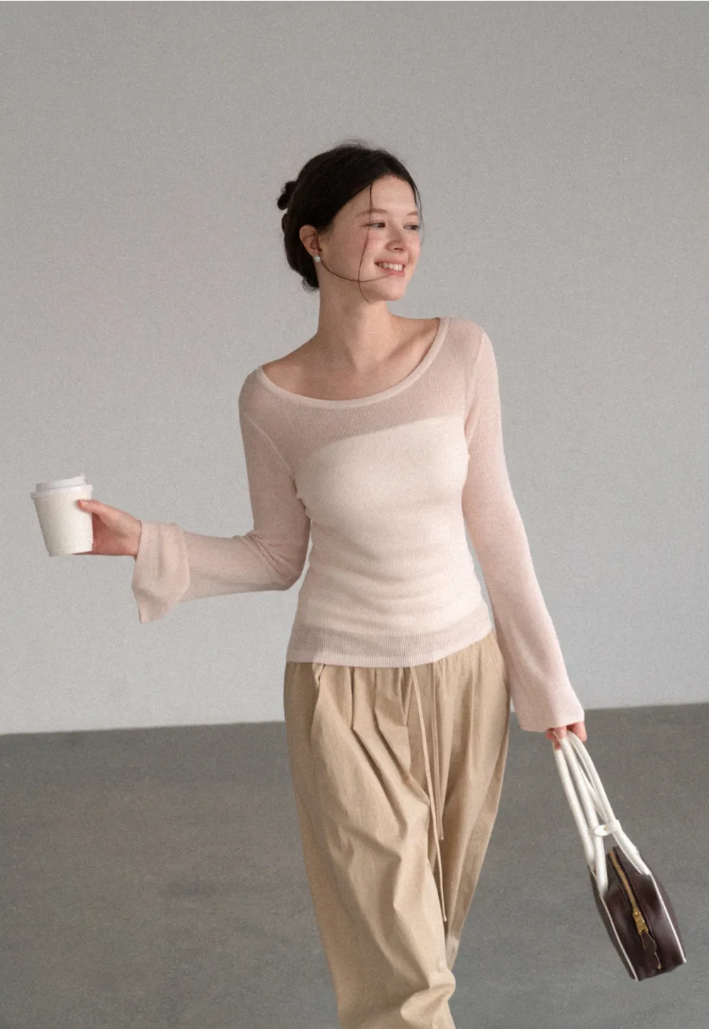 Sheer Ribbed Knit Long Sleeve Sweater