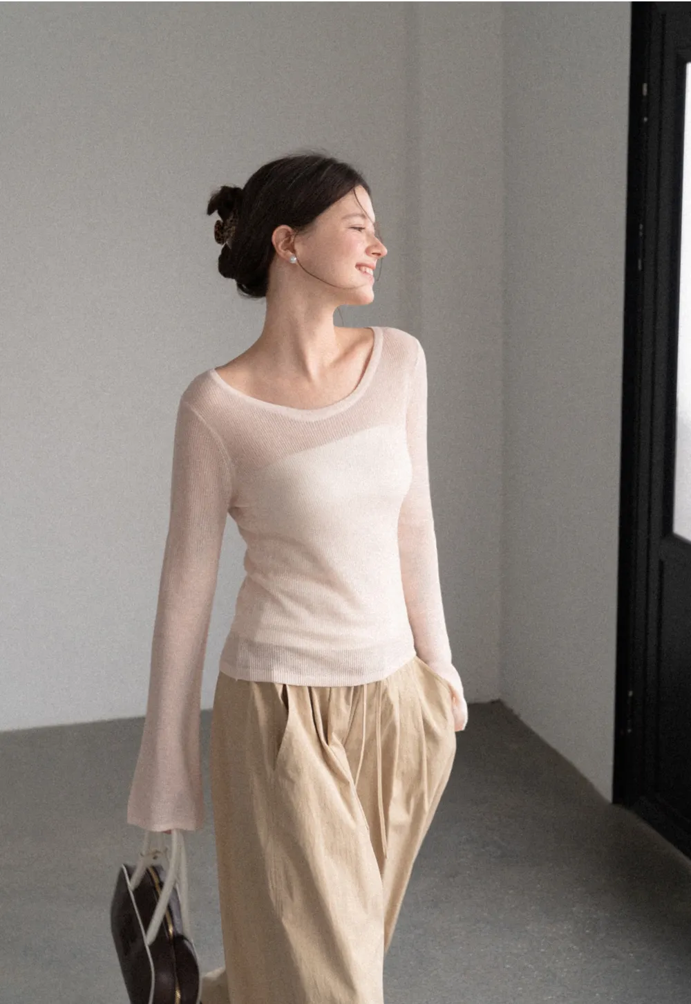 Sheer Ribbed Knit Long Sleeve Sweater