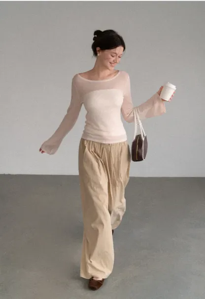Sheer Ribbed Knit Long Sleeve Sweater