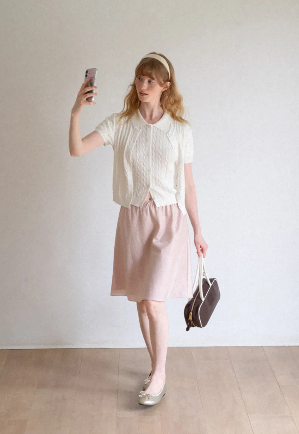 Cable Knit Short Sleeve Collared Knit Sweater